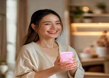 一位年轻妈妈在家中使用掌中的美母护肤产品，面部表情放松愉悦，背景是温暖的家居环境