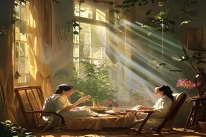 掌中的美母周末午后场景，阳光透过窗帘洒落，轻松惬意的私人时光