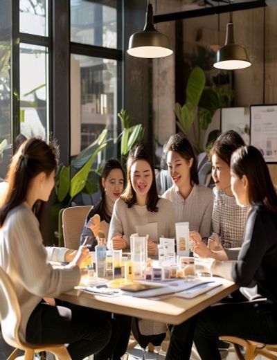 掌中的美母品牌团队在明亮工作室内围坐讨论新品方案，桌上摆放着美护产品样品与设计稿，氛围温馨专业