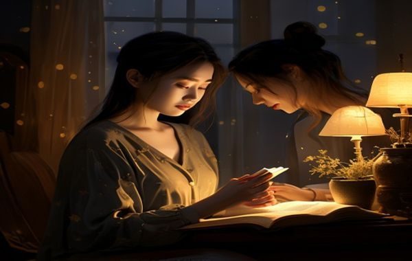 掌中的美母夜晚沉浸场景，柔和台灯下一位成年人静静阅读，温暖光晕中感受掌中的美母带来的情感滋养，画面宁静而深邃