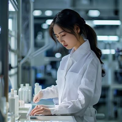 掌中的美母研发总监林晓雯在实验室内认真工作的照片，她身穿白色实验服，专注检测产品配方